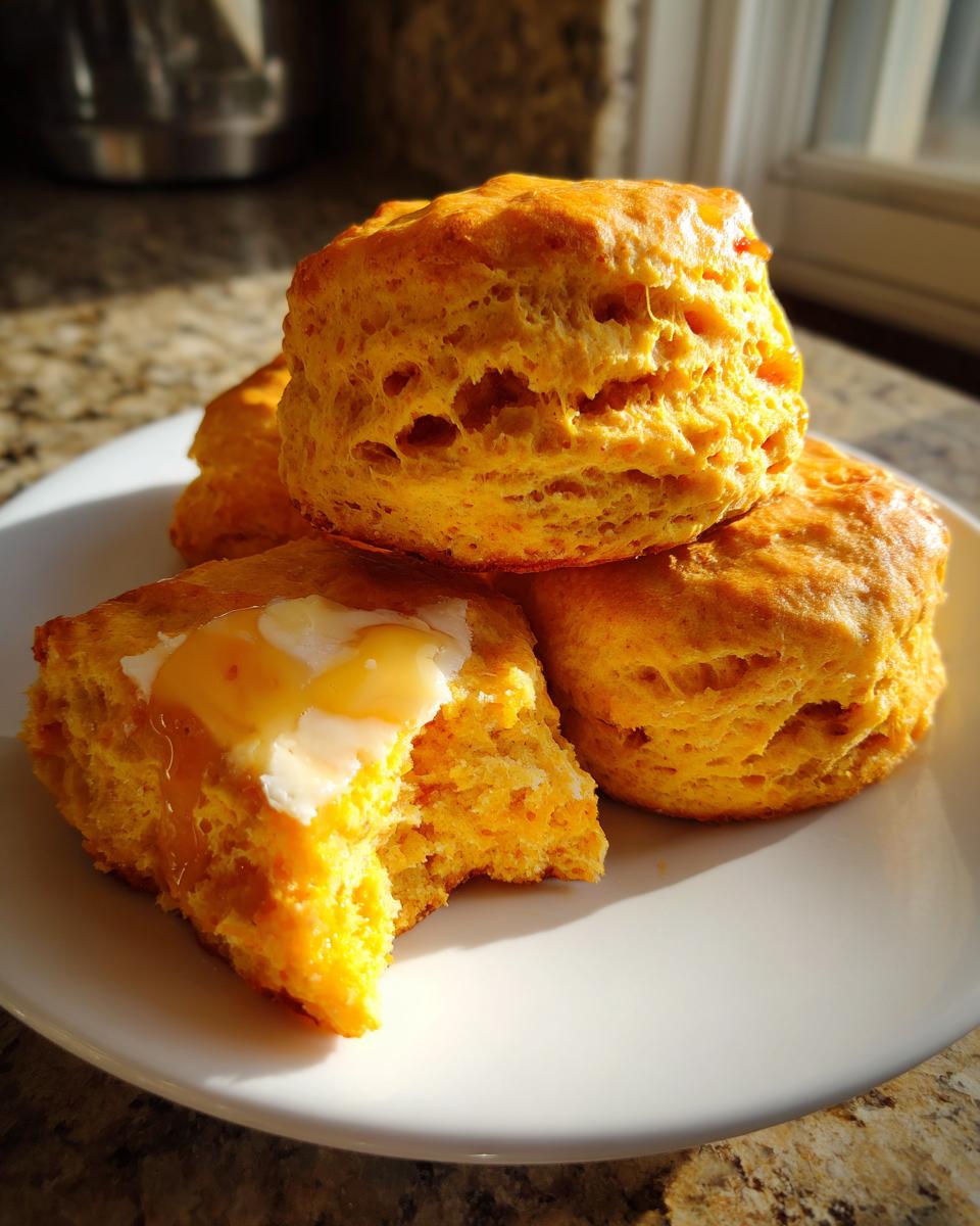 A stack of fluffy, golden sweet potato biscuits on a white plate, one split open with melting butter and honey.