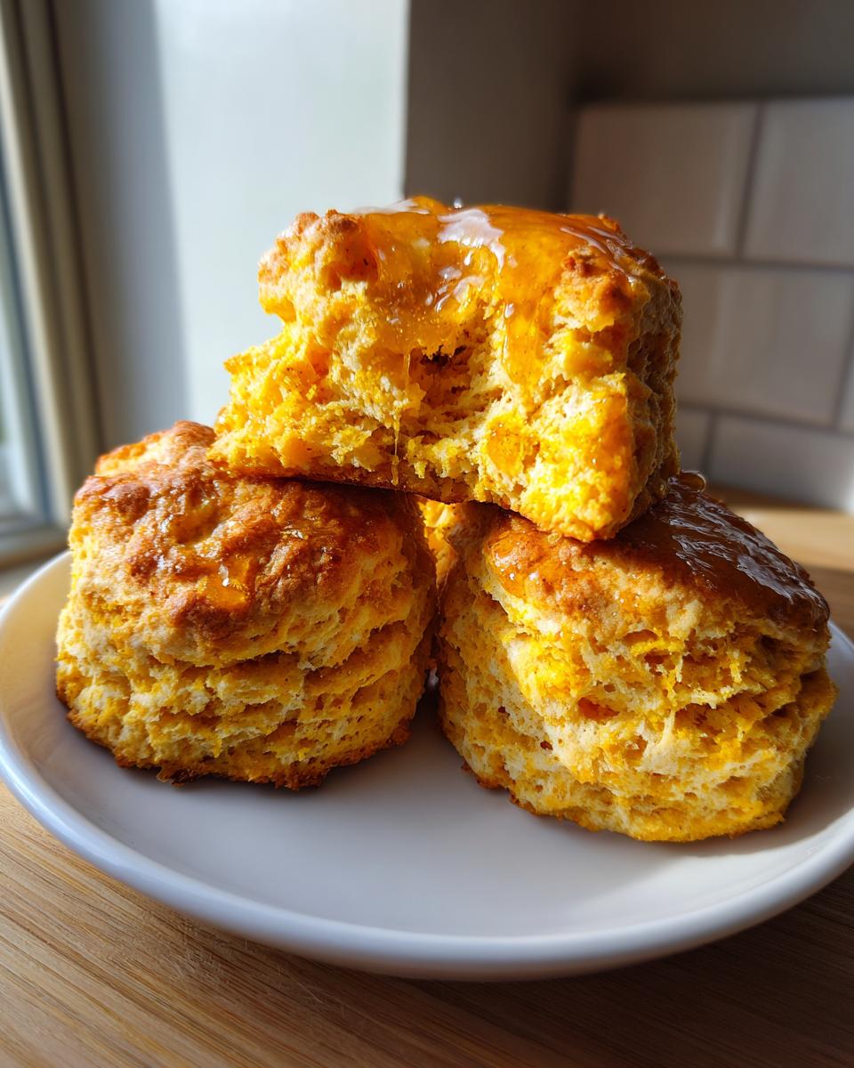 A stack of three fluffy sweet potato biscuits, one broken open and drizzled generously with golden honey.