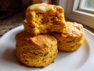 Close-up of fluffy sweet potato biscuits stacked on a white plate, one split open showing the texture and topped with melting butter and honey.