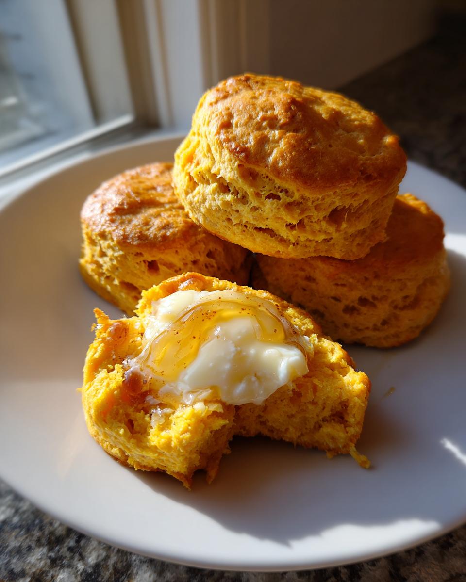 A stack of fluffy, golden sweet potato biscuits on a white plate, one split open with melting butter and honey.