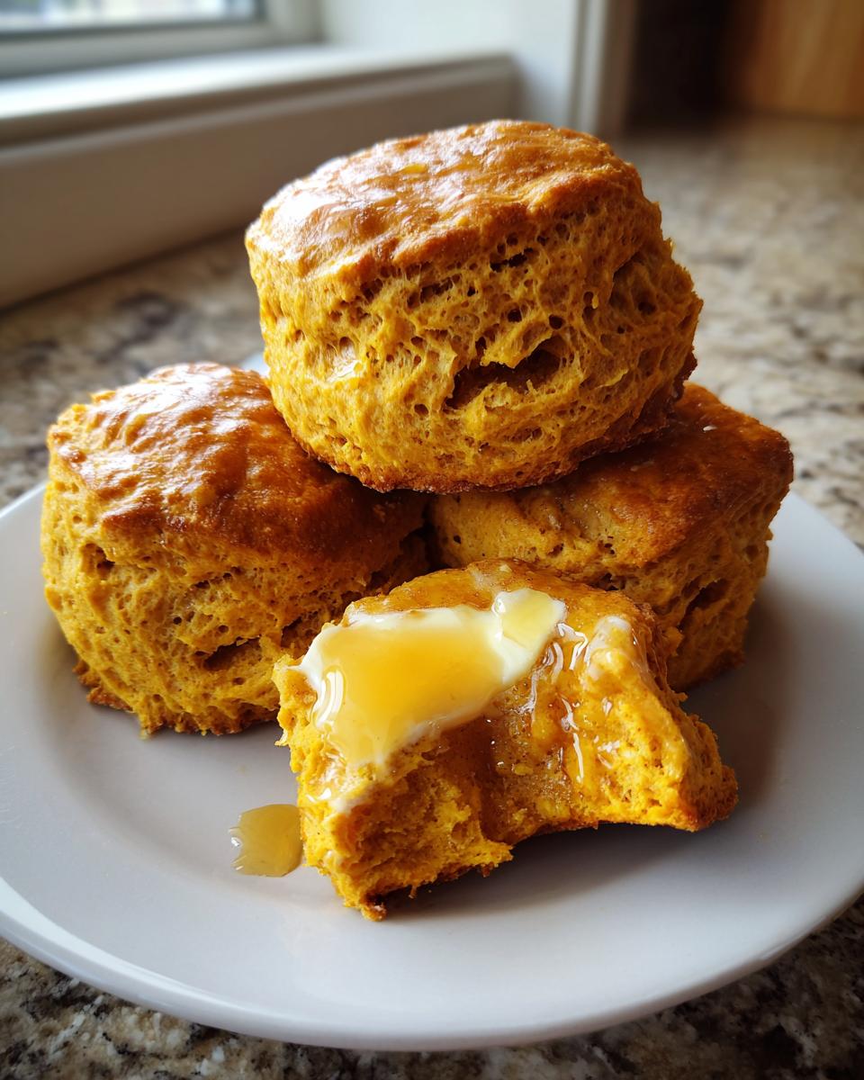 A stack of fluffy, golden brown sweet potato biscuits, with one split open topped with melting butter and honey.