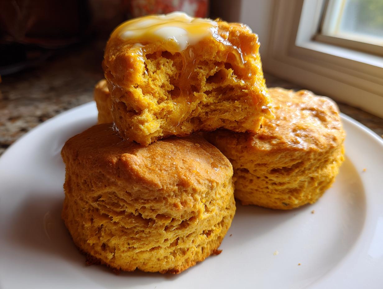 Close-up of fluffy sweet potato biscuits stacked on a white plate, one split open showing the texture and topped with melting butter and honey.