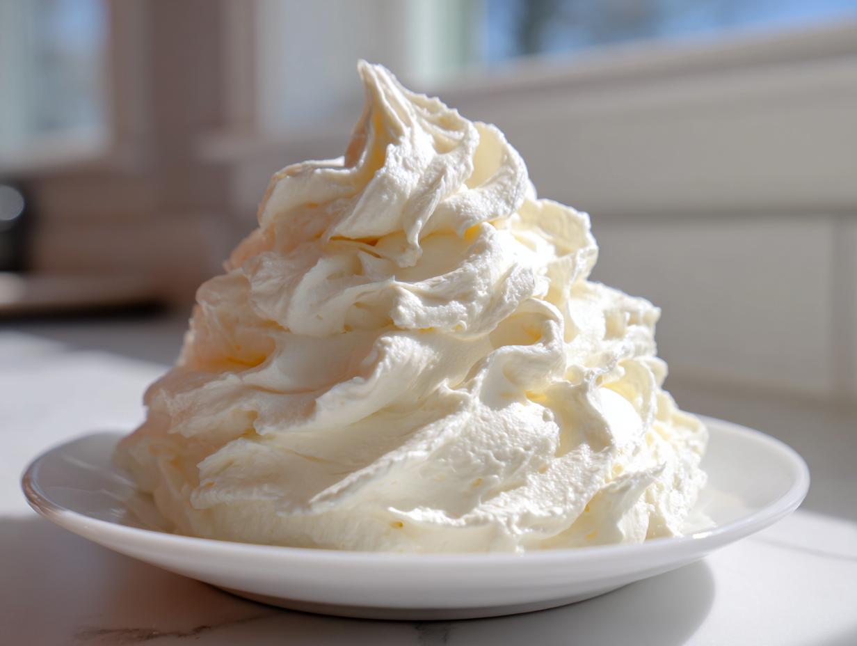 A tall, perfectly piped mound of creamy white vanilla buttercream frosting sitting on a small white saucer.