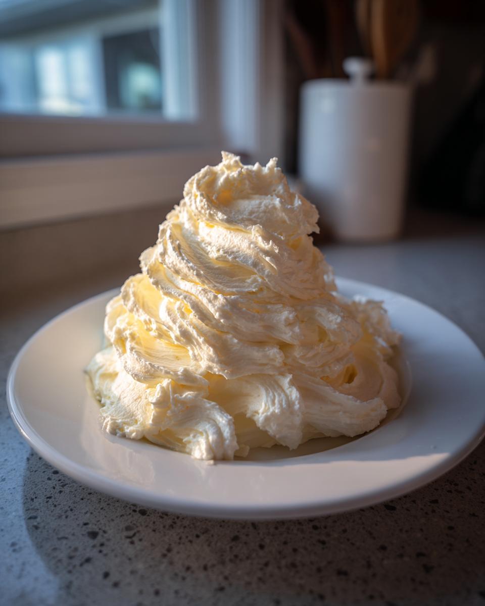 A generous mound of fluffy, perfectly piped vanilla buttercream frosting sitting on a white plate indoors.
