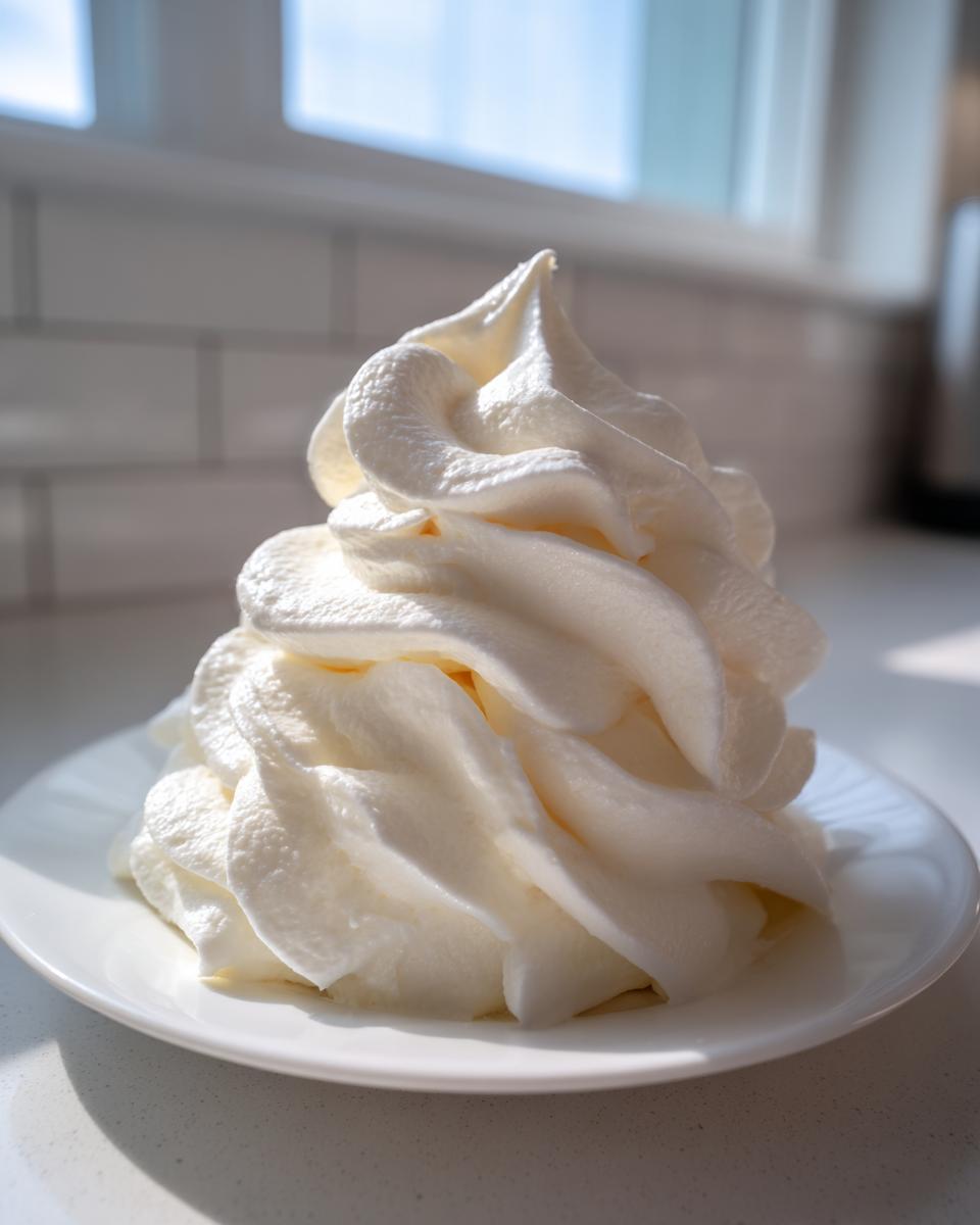A tall, perfectly piped swirl of fluffy vanilla buttercream frosting sitting on a small white plate.