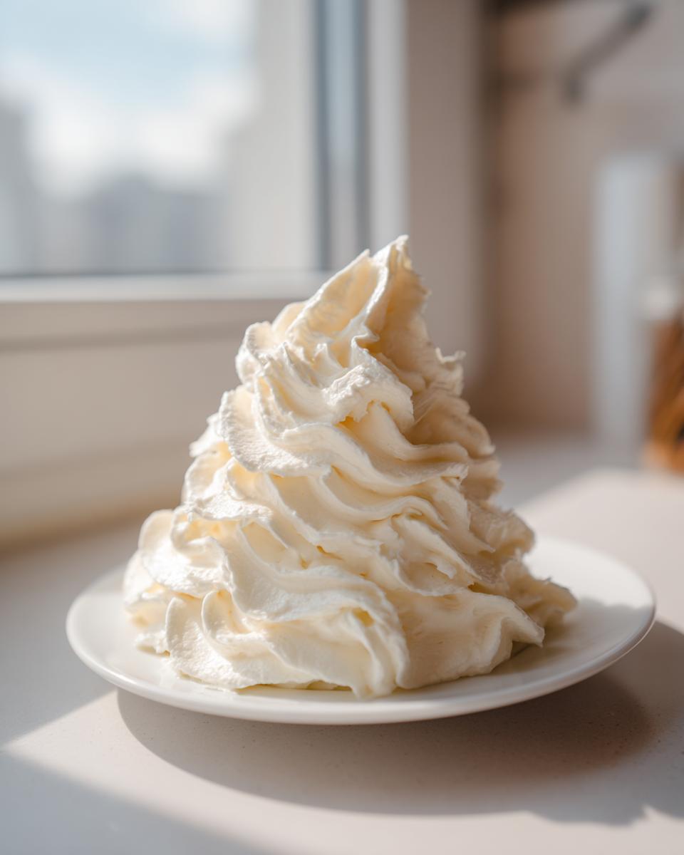 A tall, fluffy mound of perfectly piped vanilla buttercream frosting sitting on a small white plate near a bright window.