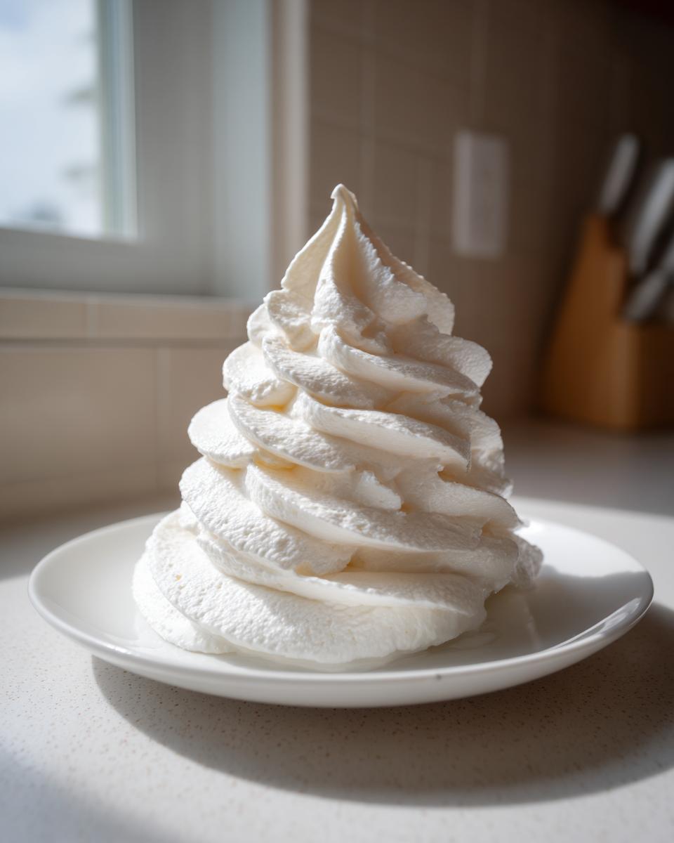 A tall, perfectly piped swirl of fluffy white vanilla buttercream icing sitting on a small white plate.