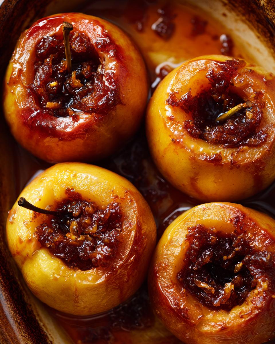Close-up of four golden brown baked apples, cored and filled with a dark, caramelized brown sugar mixture.