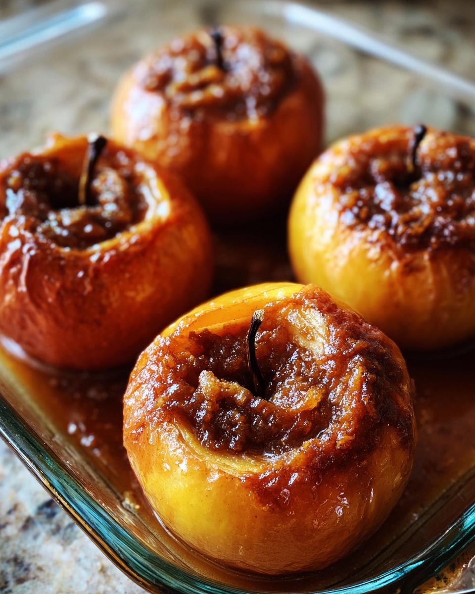Four golden brown baked apples with caramelized filling sitting in a clear glass baking dish.