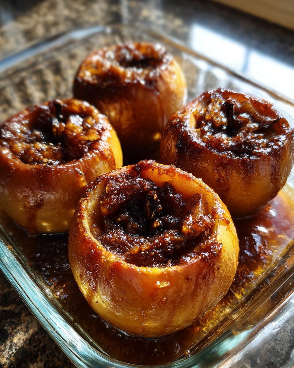 Four glistening baked apples filled with a brown sugar and spice mixture, resting in syrup in a glass baking dish.