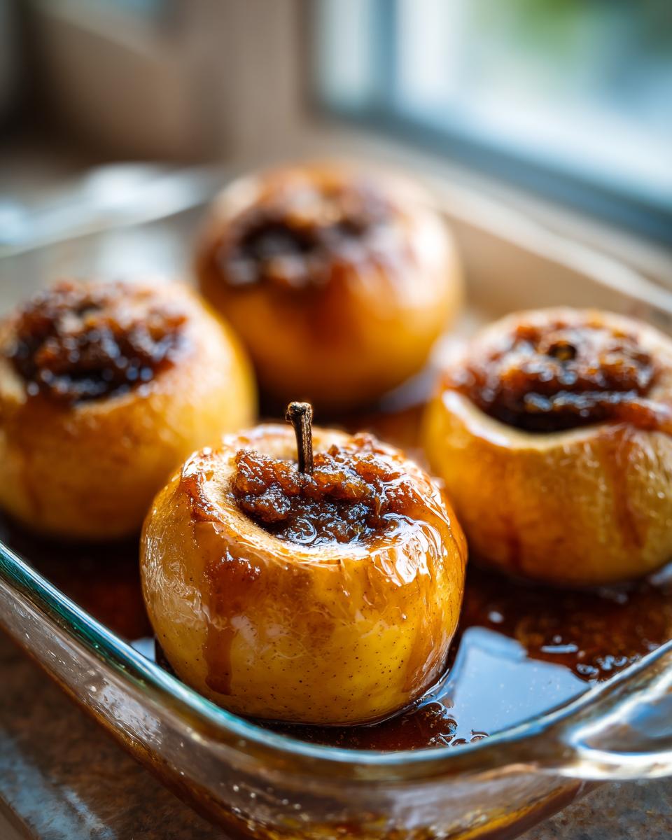 Four golden brown baked apples with a dark, syrupy filling, sitting in a glass baking dish.