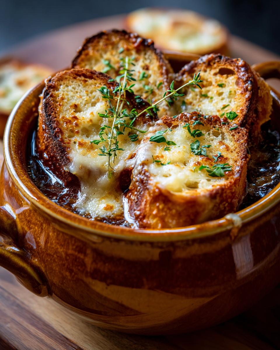 Close-up of a bowl of rich french onion soup topped with melted cheese on toasted bread and fresh thyme.