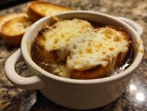 Close-up of a white crock filled with rich french onion soup, topped with a toasted crouton and melted, bubbly Gruyère cheese.