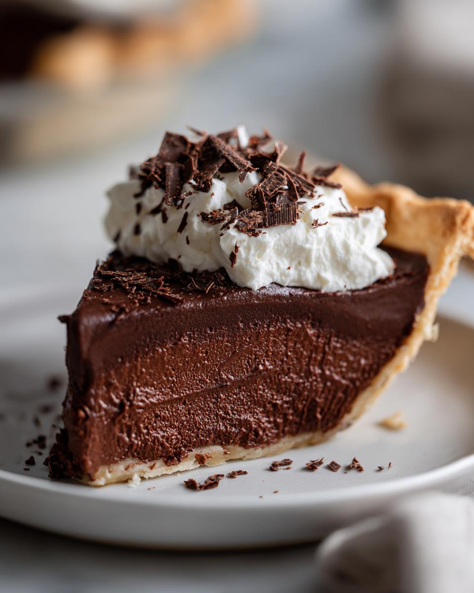A decadent slice of french silk pie featuring a thick, dark chocolate filling, topped with whipped cream and chocolate shavings.