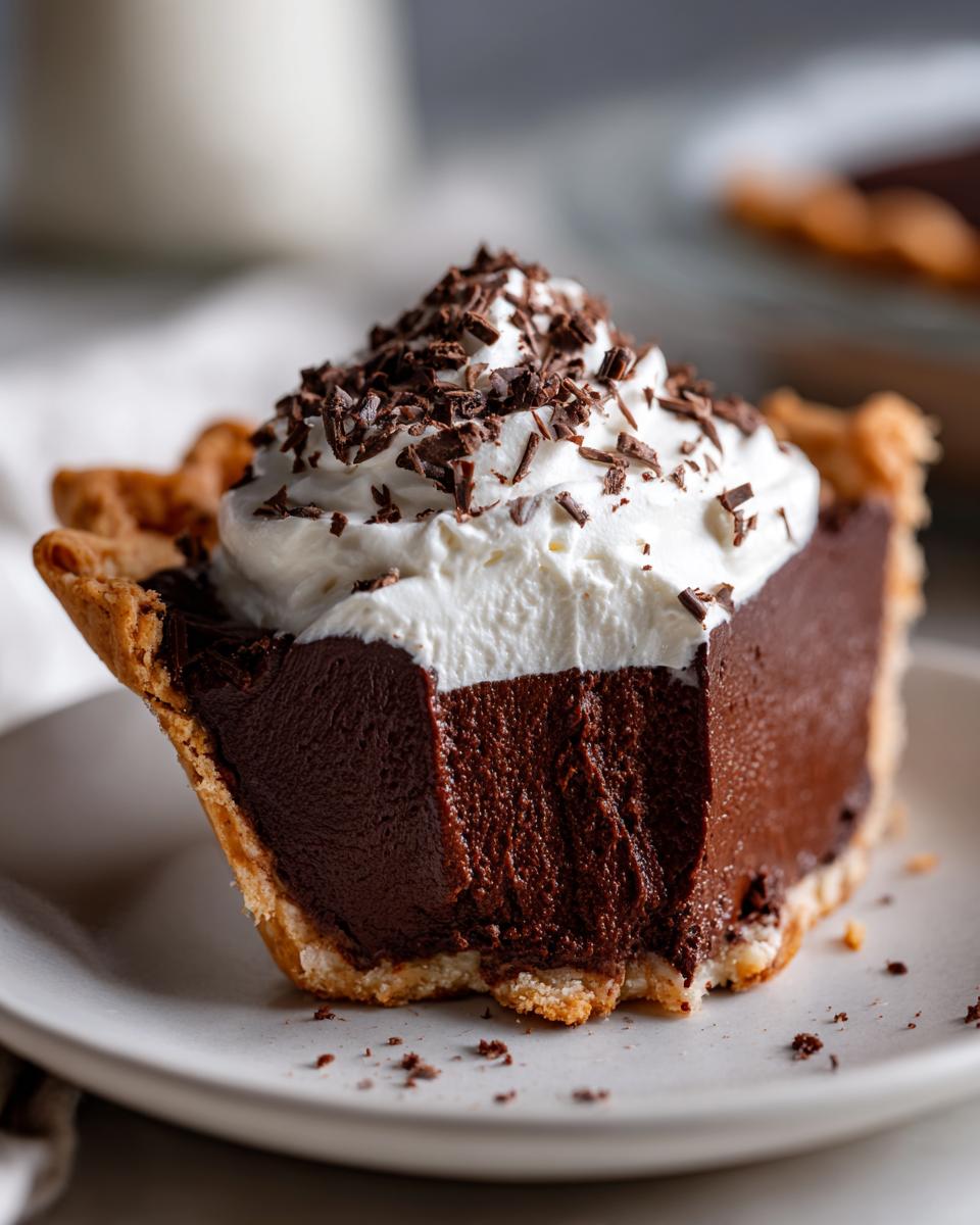 A close-up of a decadent slice of french silk pie showing the dark chocolate filling, crust, and whipped cream topping with chocolate shavings.