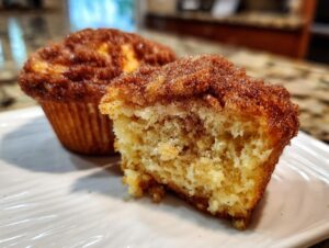 A close-up view of a french toast muffins, one cut in half showing the soft interior and cinnamon-sugar topping.