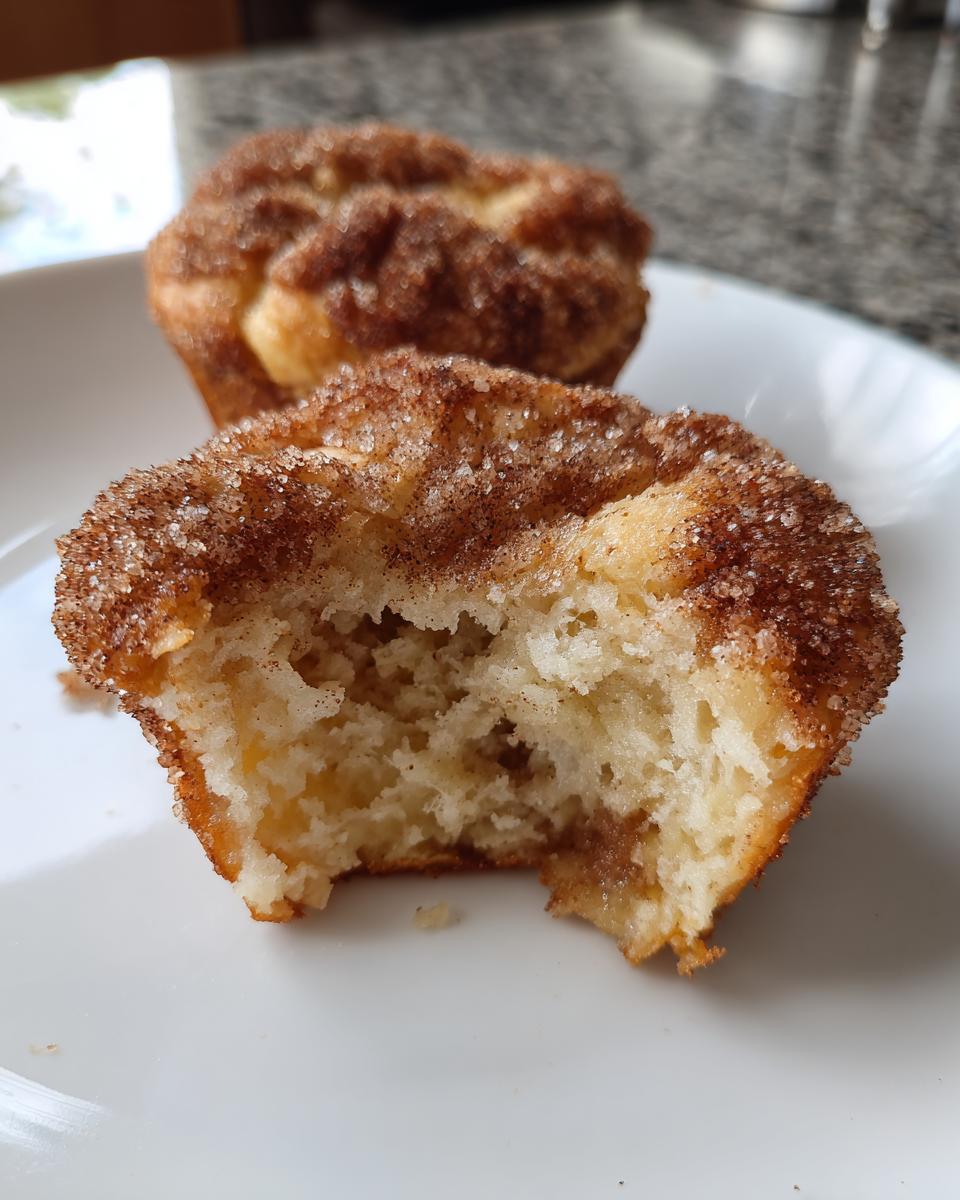 A close-up of a french toast muffins cut in half showing the soft interior, topped with cinnamon sugar.