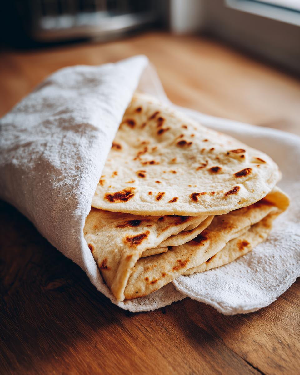 A stack of warm, freshly made corn tortillas wrapped in a white cloth on a wooden surface.