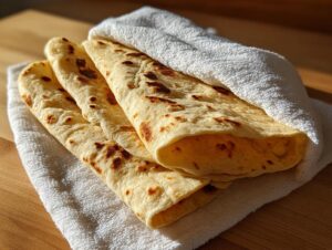 Three freshly cooked corn tortillas, slightly charred, stacked and wrapped in a white towel on a wooden surface.
