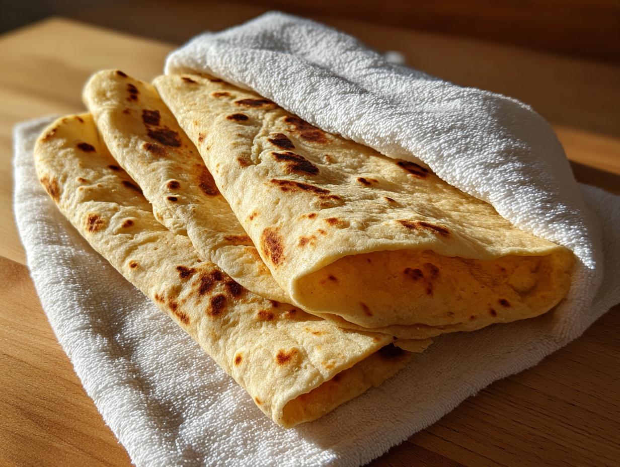 Three freshly cooked corn tortillas, slightly charred, stacked and wrapped in a white towel on a wooden surface.