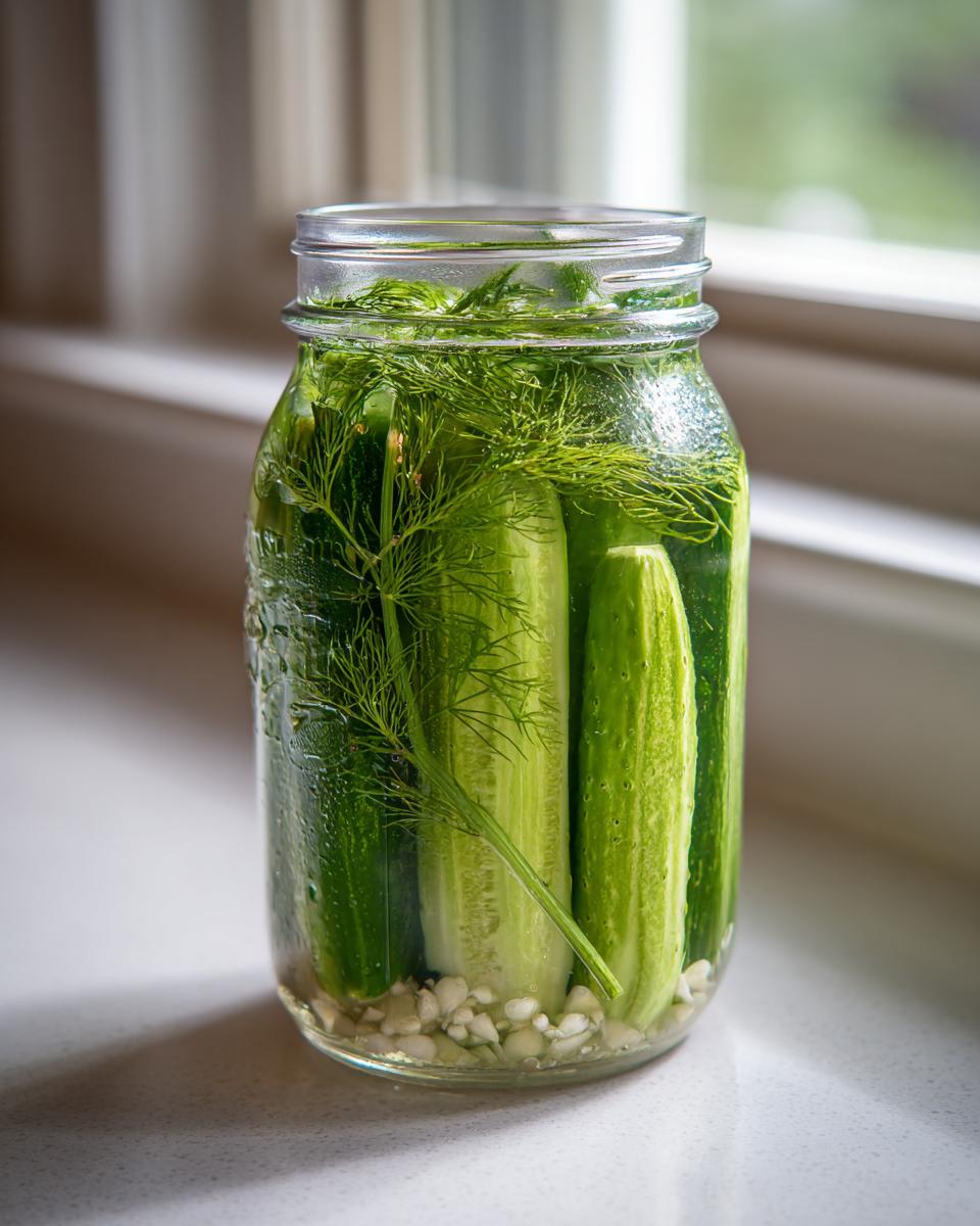 Fresh cucumbers packed vertically in a glass jar with dill and chopped garlic for making refrigerator pickles.
