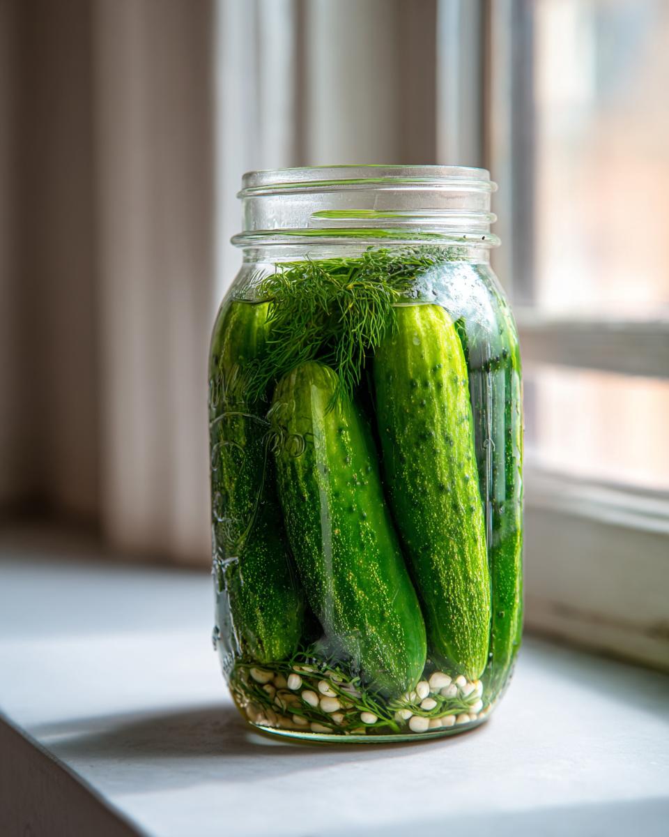 Whole cucumbers packed with dill and garlic cloves in a glass jar for making refrigerator pickles.
