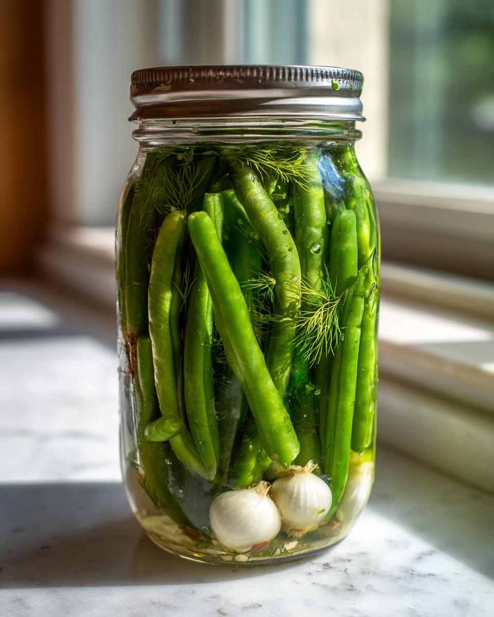 A glass jar filled with bright green dilly beans, fresh dill sprigs, and whole garlic cloves, ready for pickling.