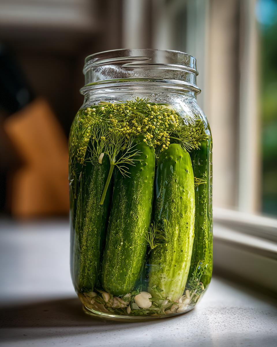 A glass jar filled with fresh cucumbers, dill heads, and garlic being prepared for refrigerator pickles.