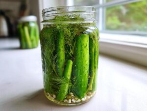 Close-up of fresh cucumbers and dill being prepared for refrigerator pickles in a clear glass mason jar.
