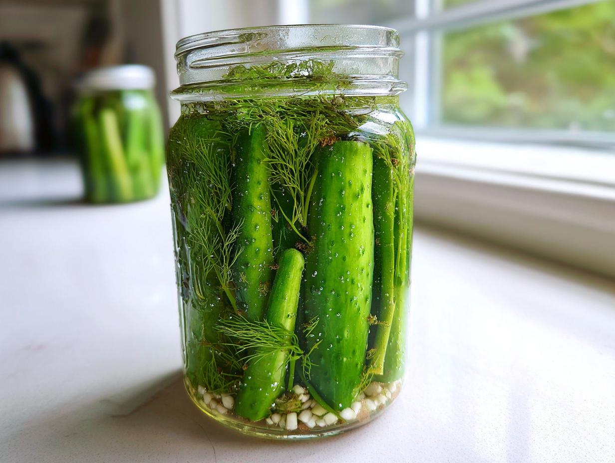 Close-up of fresh cucumbers and dill being prepared for refrigerator pickles in a clear glass mason jar.