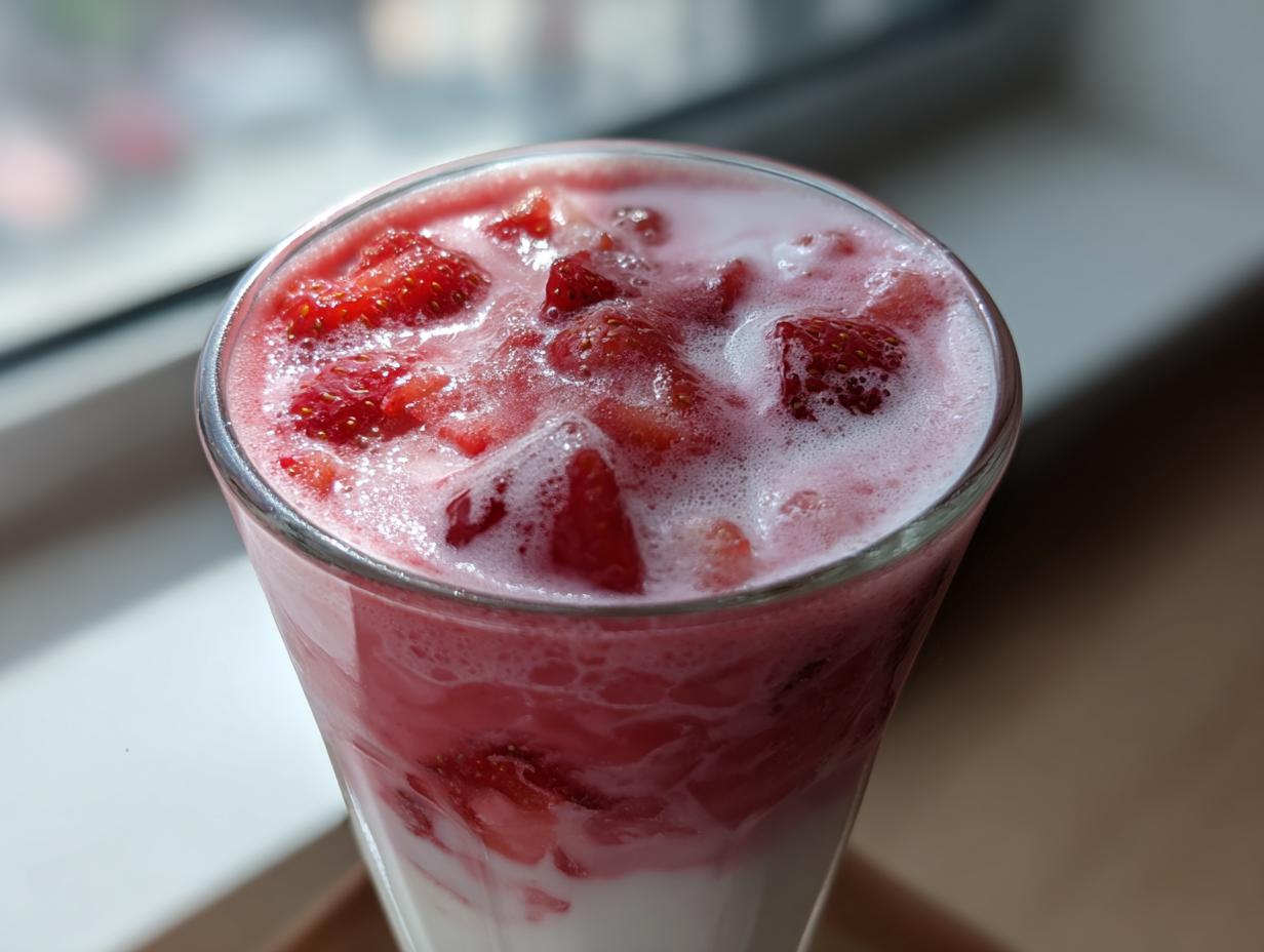 Close-up of a tall glass filled with layered strawberry milk, featuring chunks of fresh strawberries and pink foam.