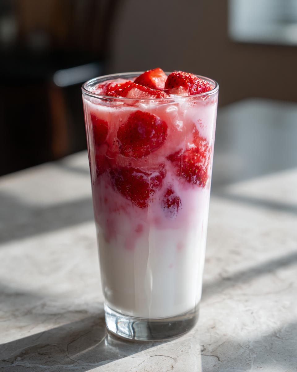 A tall glass of layered strawberry milk, featuring whole strawberry pieces mixed into the milk.