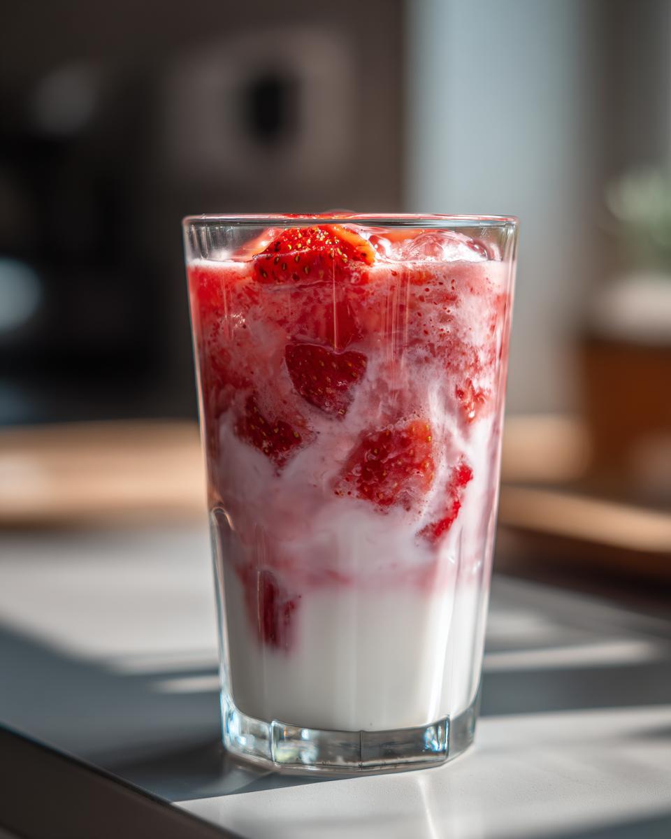 Close-up of a tall glass filled with layered strawberry milk, showing chunks of fresh strawberries mixing with white milk.
