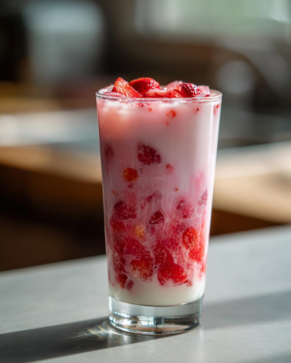 A tall glass filled with homemade strawberry milk, showing layers of fresh crushed strawberries and pink milk.