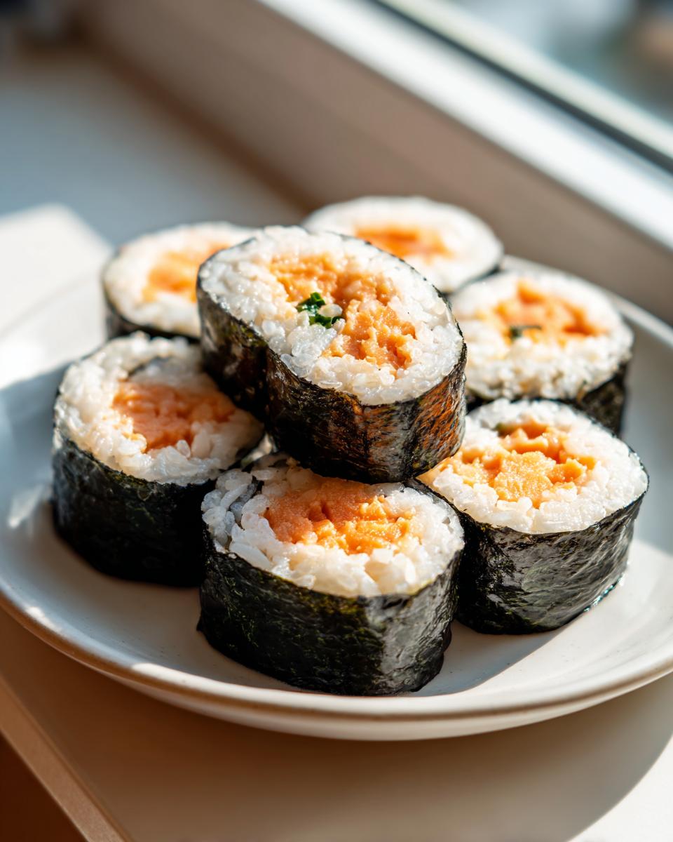 A stack of six freshly cut tuna kimbap rolls with bright orange filling, resting on a white plate near a window.