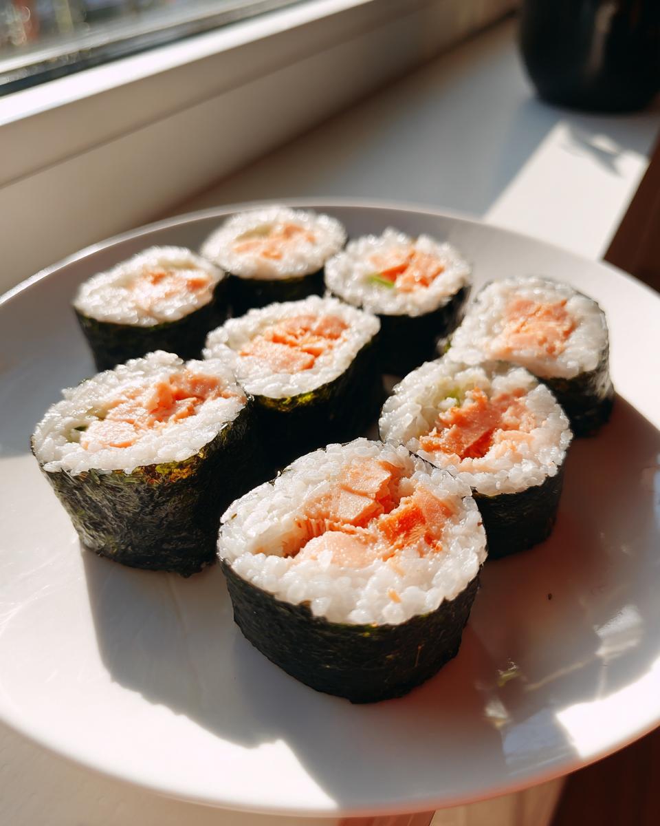 Close-up of several pieces of homemade tuna kimbap rolls with rice and pink tuna filling, served on a white plate.