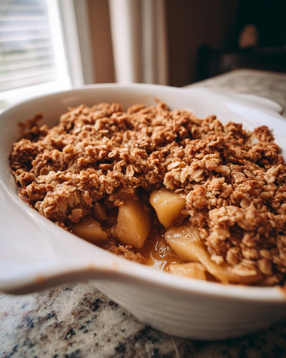 Close-up of a freshly baked pear crisp with a golden, crunchy oat topping and soft, spiced pear filling.