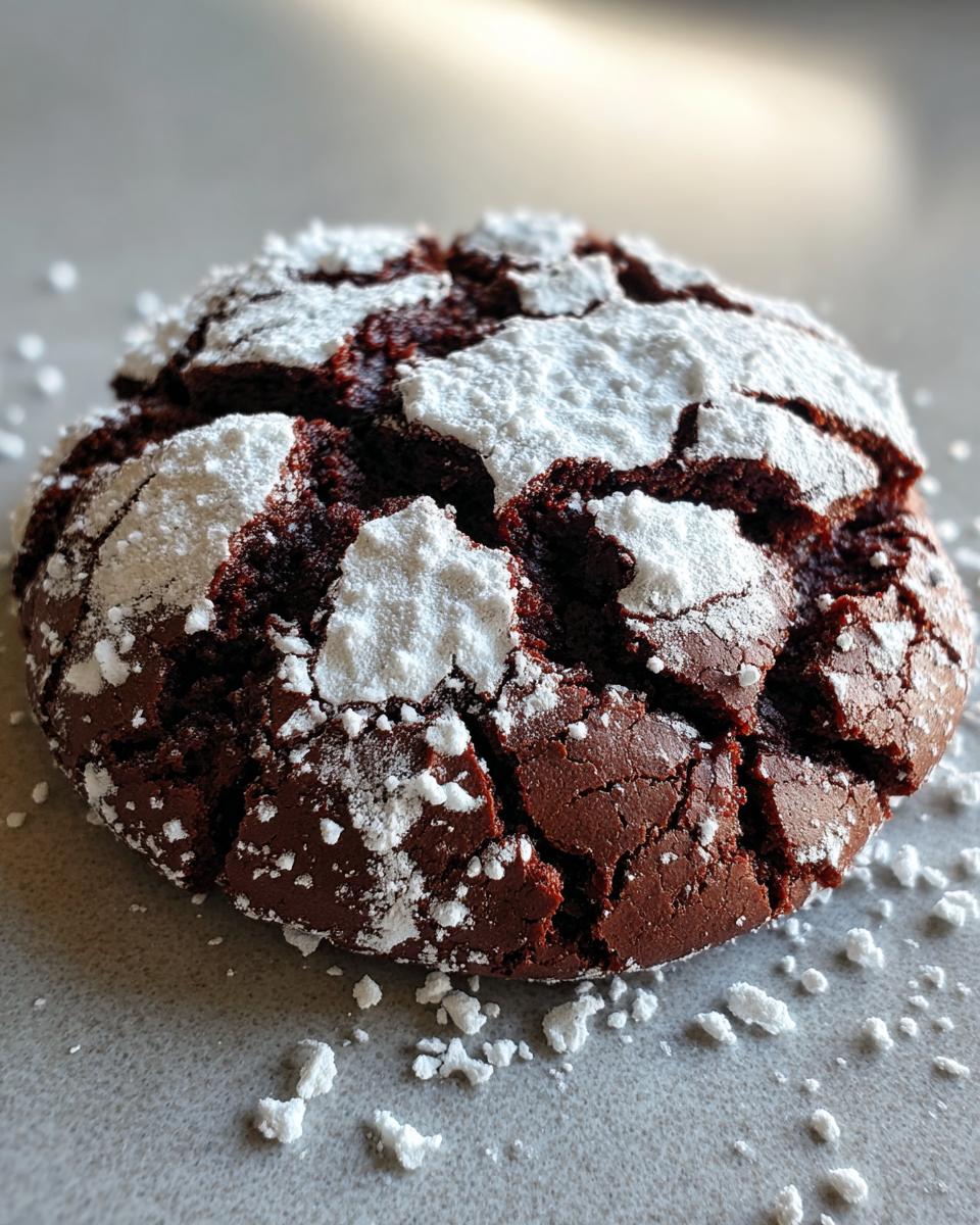 A close-up of a fudgy chocolate crinkle cookie heavily dusted with powdered sugar.