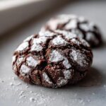 A close-up, appetizing shot of a fudgy chocolate crinkle cookie heavily dusted with white powdered sugar.