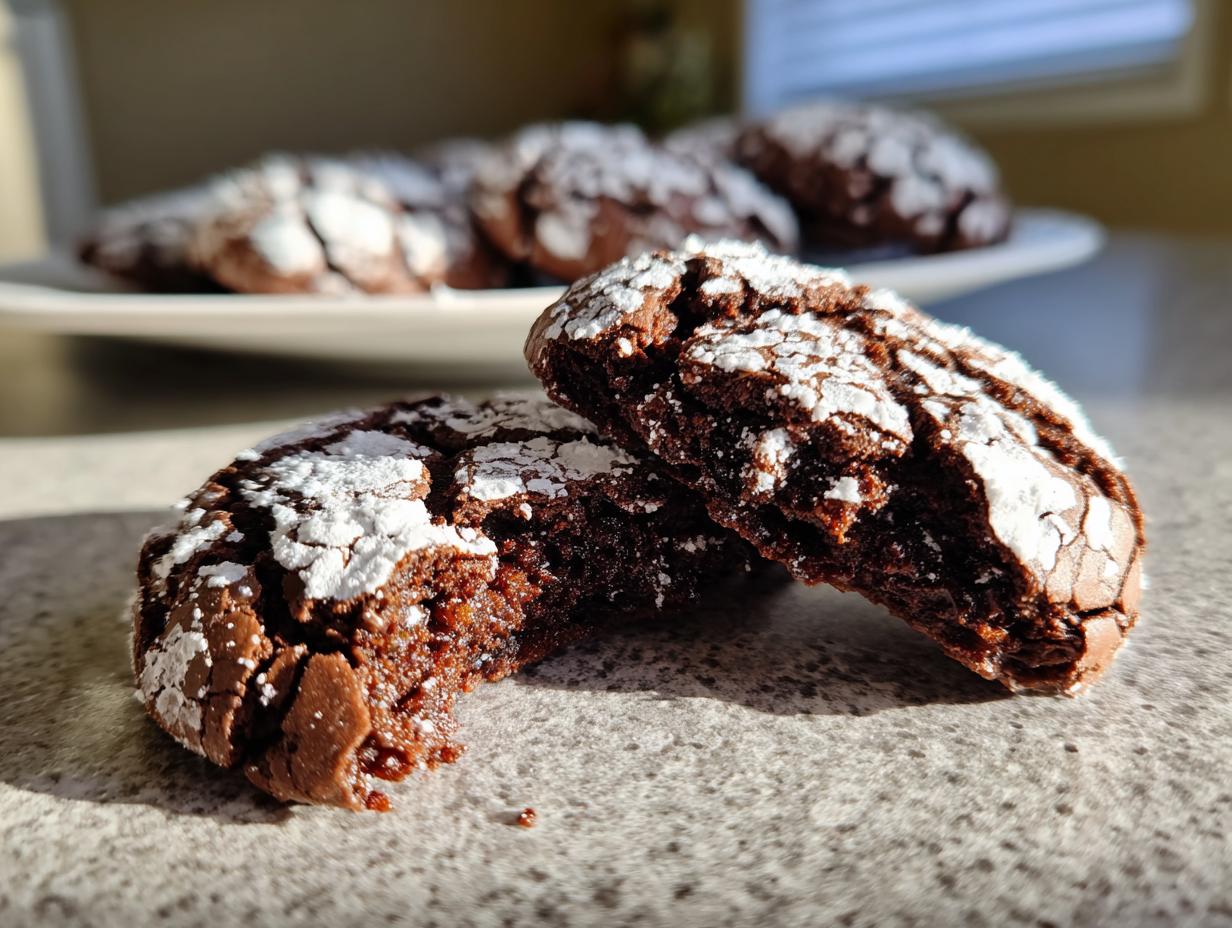 Close-up of a fudgy chocolate crinkle cookie broken in half, showing the rich interior and powdered sugar coating.