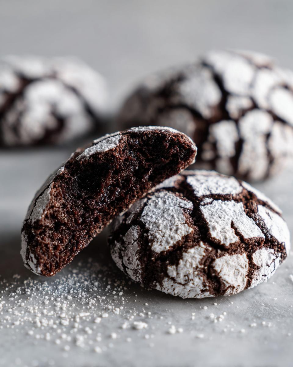 Close-up of fudgy chocolate crinkle cookies, one broken in half to show the moist interior texture.