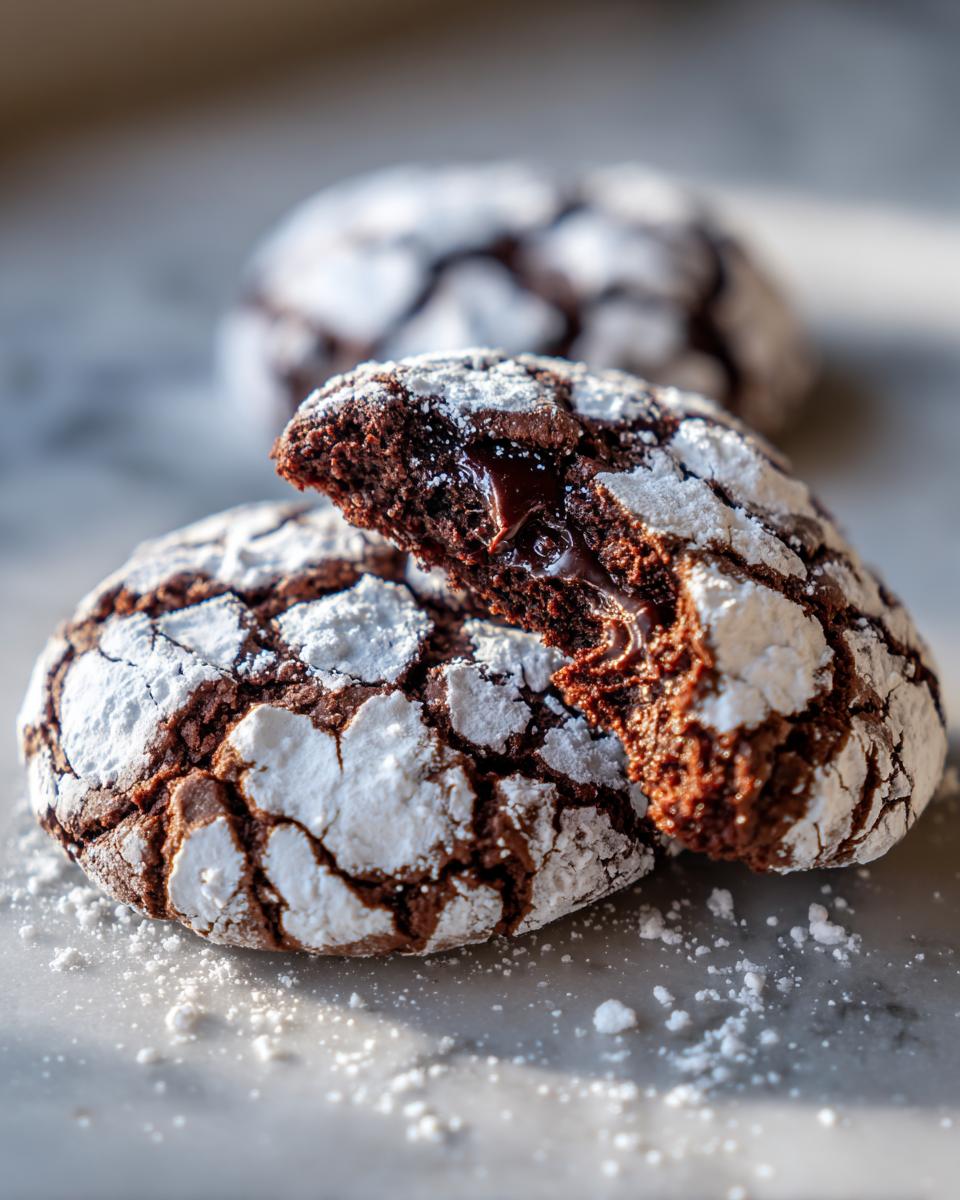 Close-up of a fudgy chocolate crinkle cookie broken in half showing a molten chocolate center.