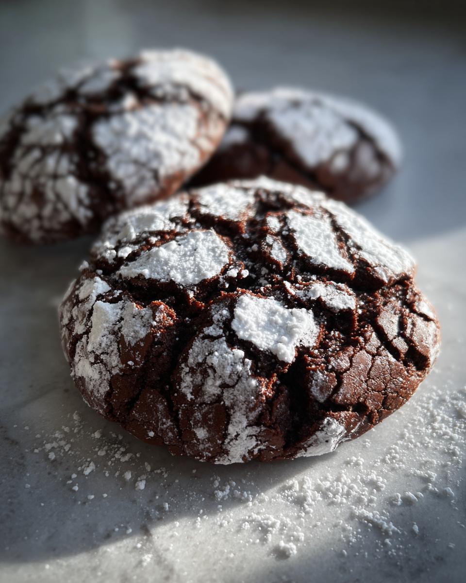Close-up of fudgy chocolate crinkle cookies heavily coated in cracked powdered sugar on a marble surface.