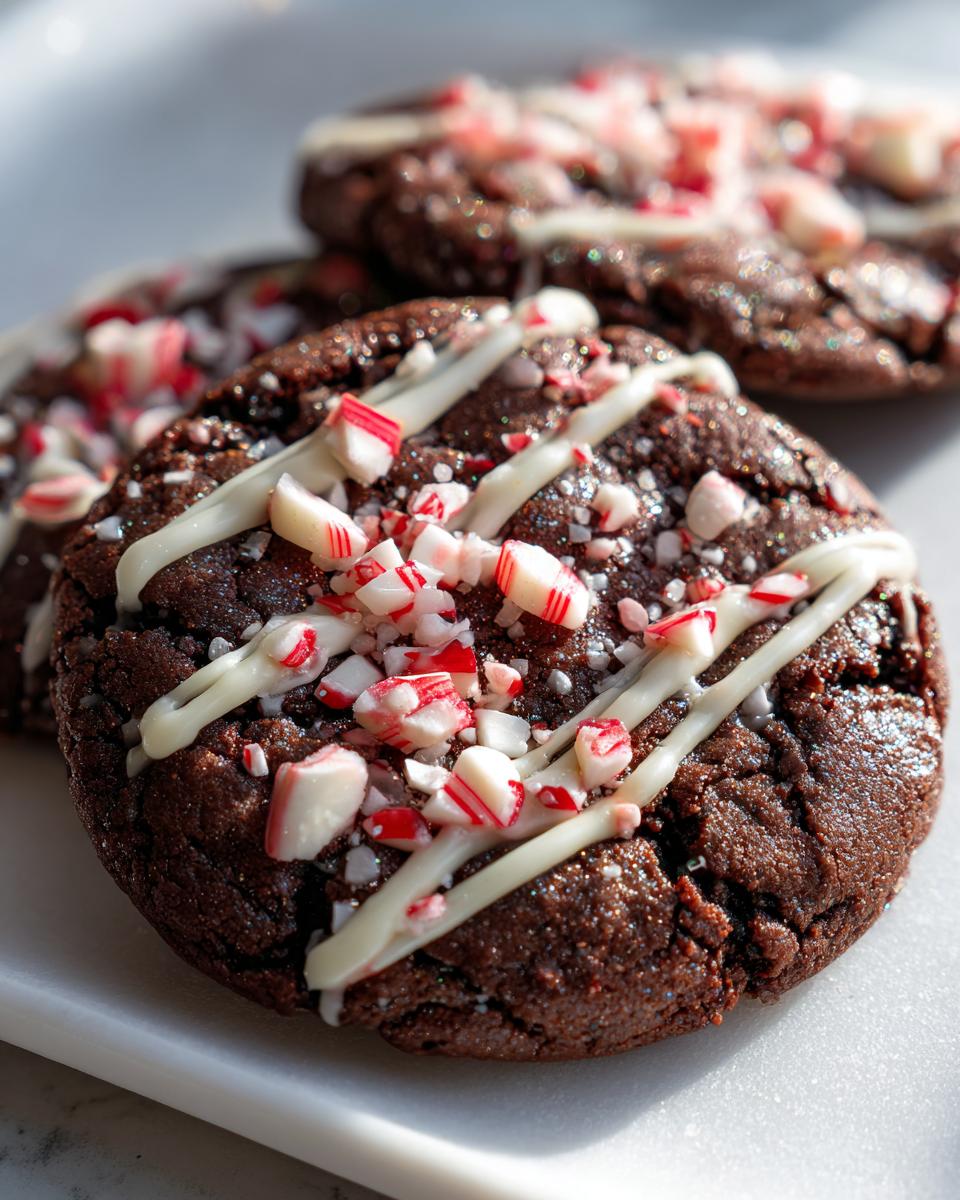 Close-up of a fudgy double chocolate peppermint cookie topped with white chocolate drizzle and crushed candy canes.
