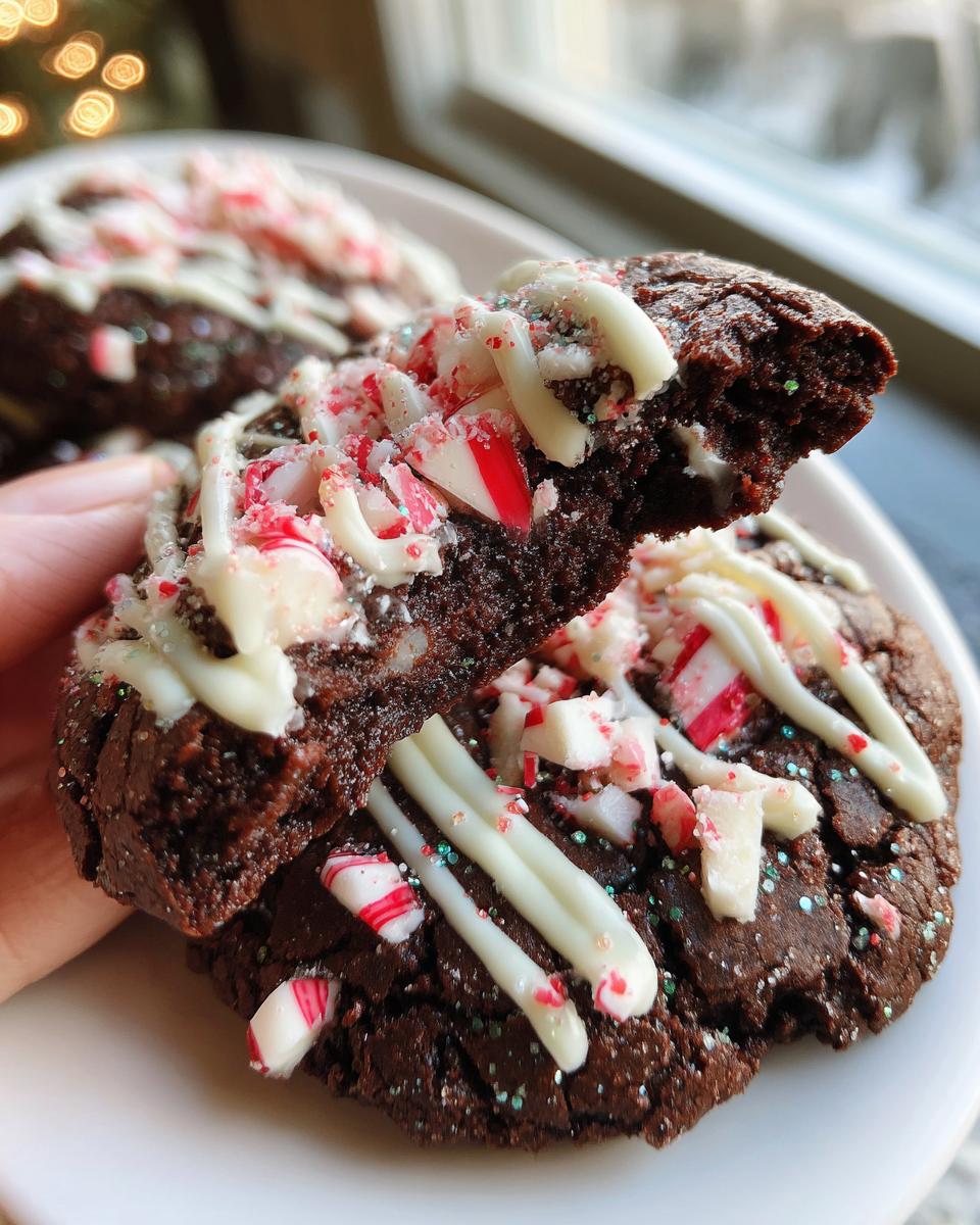 A fudgy double chocolate peppermint cookie broken in half, showing a moist interior, drizzled with white chocolate and topped with crushed candy canes.
