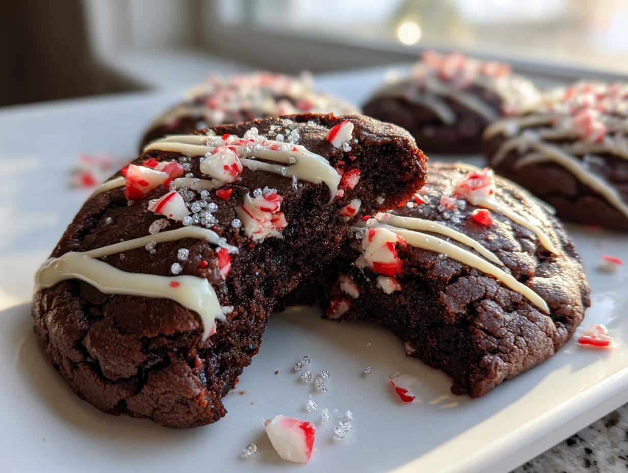 A close-up of fudgy double chocolate peppermint cookies, one broken open to show the soft interior, topped with white chocolate drizzle and crushed candy canes.