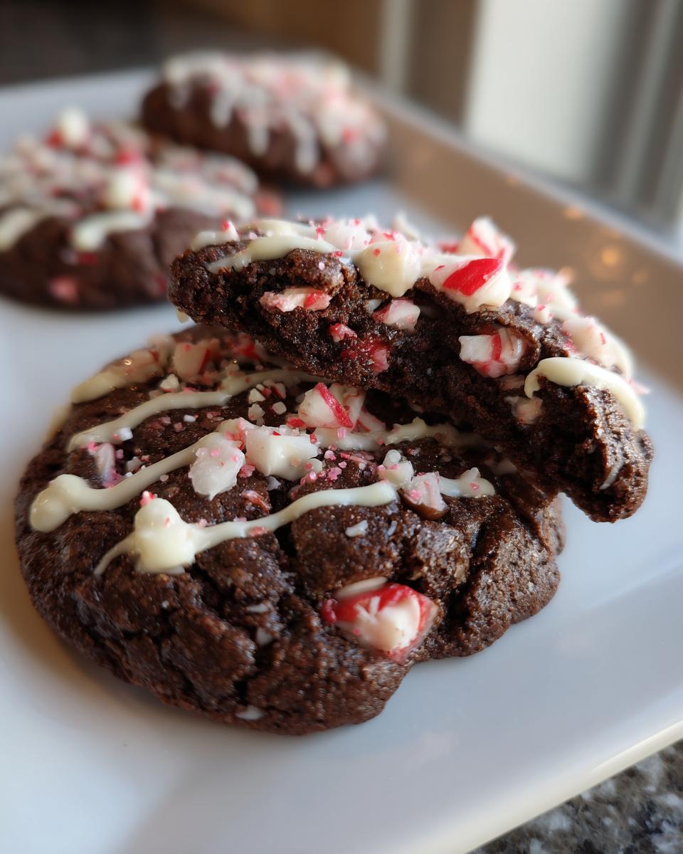 Close-up of a fudgy double chocolate peppermint cookies broken in half, showing the soft interior and peppermint pieces.
