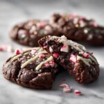 Close-up of a fudgy double chocolate peppermint cookie broken in half showing the soft interior and peppermint pieces.