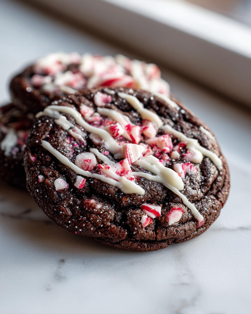 Close-up of a fudgy double chocolate peppermint cookie topped with white icing drizzle and crushed candy canes.