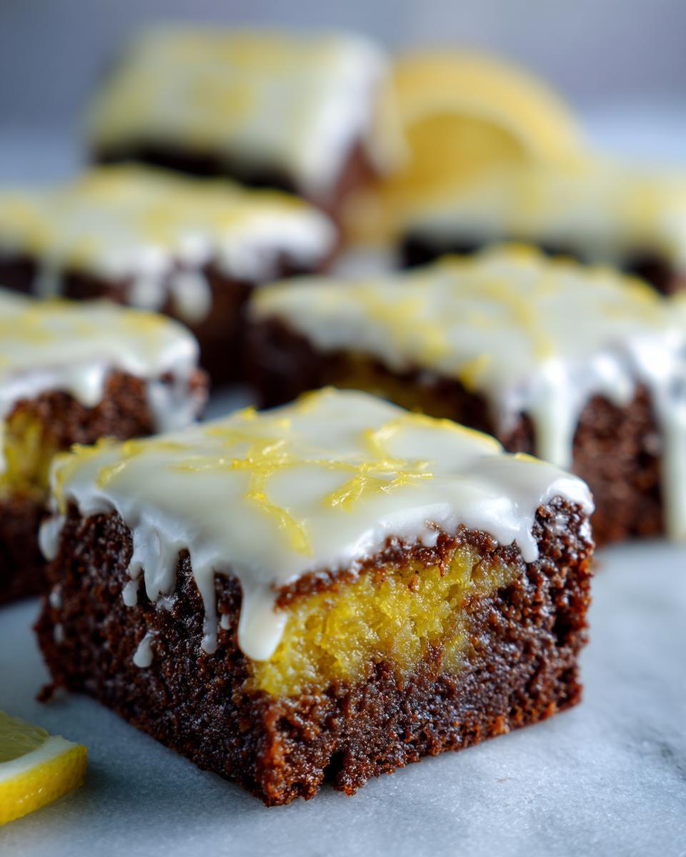 Close-up of a fudgy Lemon Brownies square showing a dark chocolate base and a bright yellow lemon filling layer, topped with white glaze and zest.